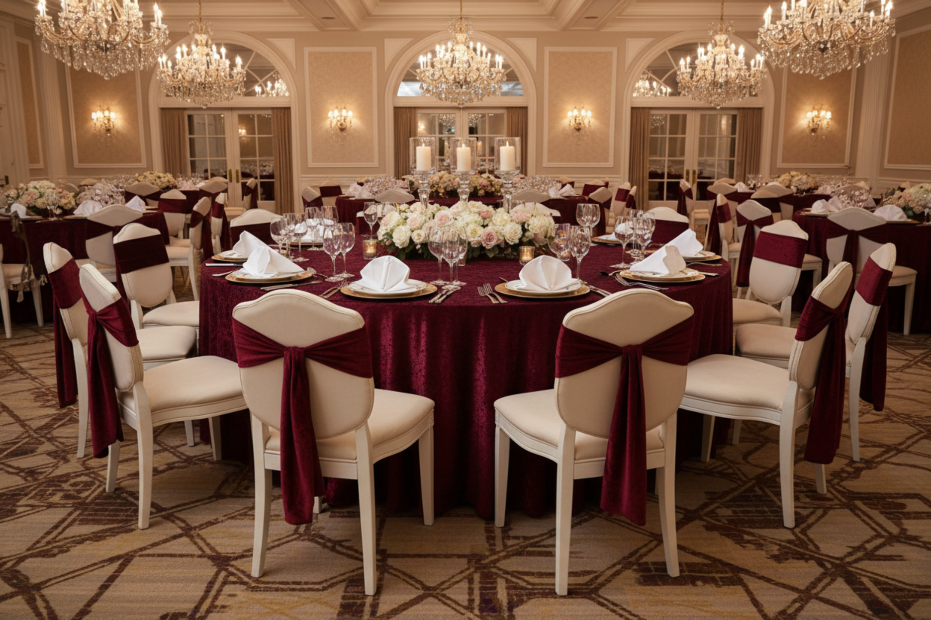 luxury hotel setup with Velvet 132" Round Tablecloth - Cabernet