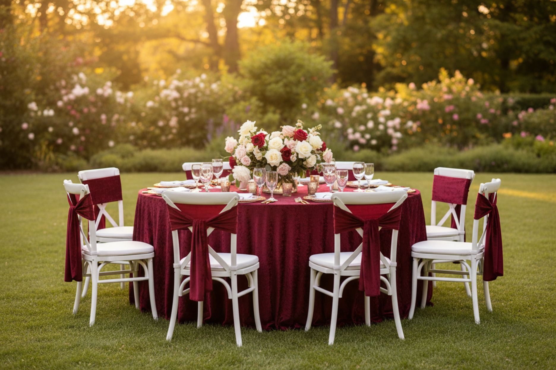 outdoor garden wedding with Velvet 132" Round Tablecloth - Cabernet