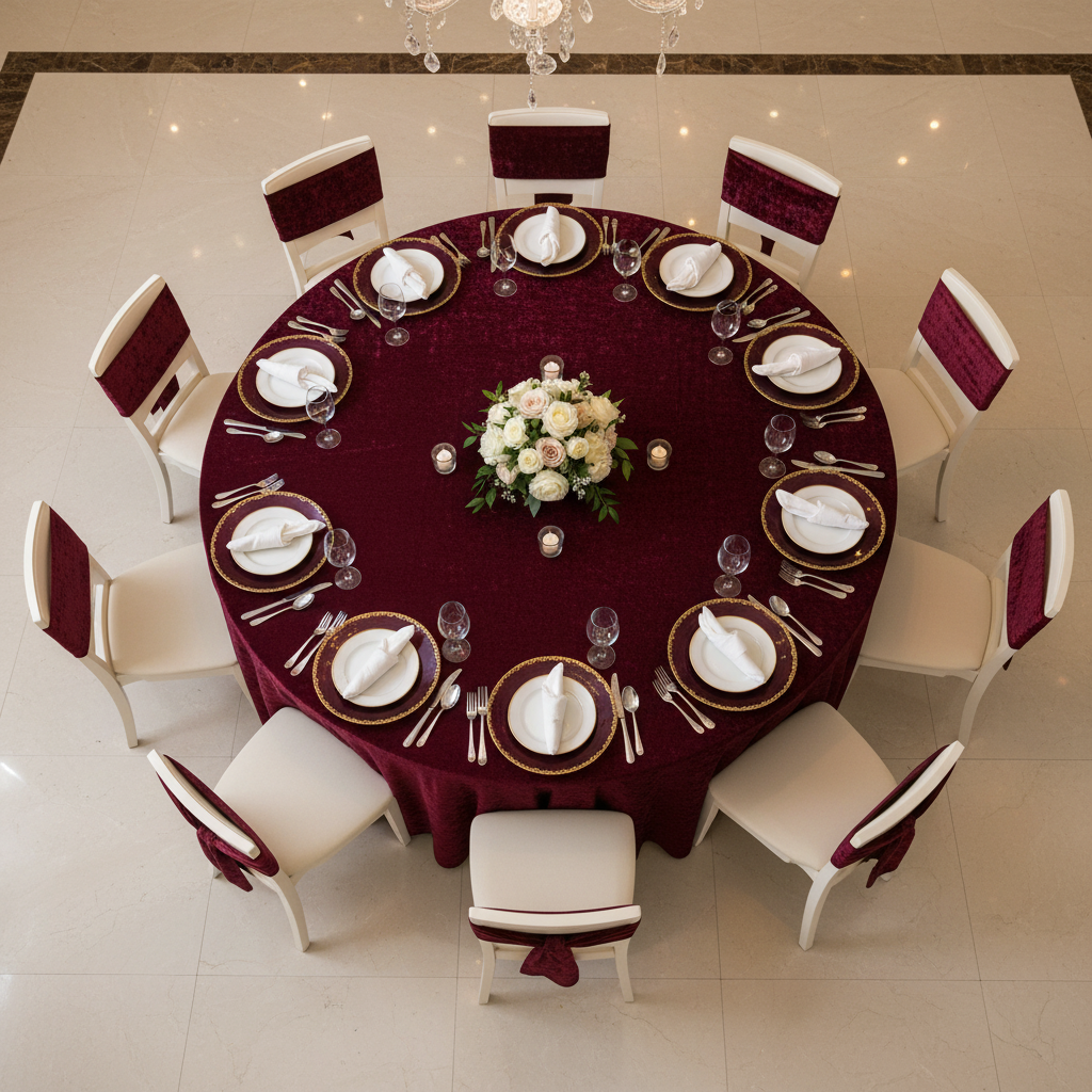 top view of Velvet 132" Round Tablecloth - Cabernet