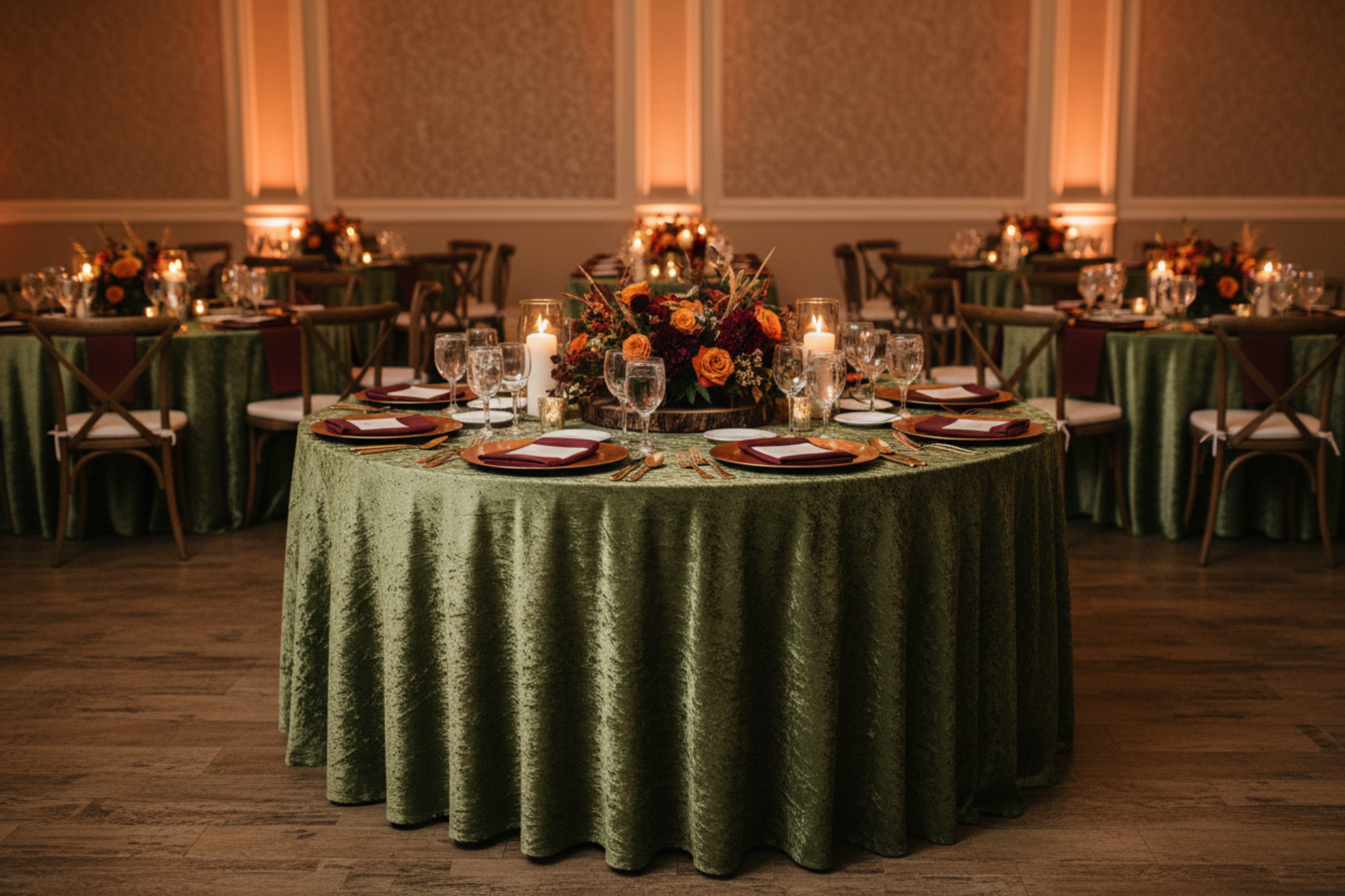 indoor autumn dinner with Velvet 132" Round Tablecloth - Dark Sage Green