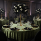 black and gold indoor dinner with Velvet 132" Round Tablecloth - Dark Sage Green