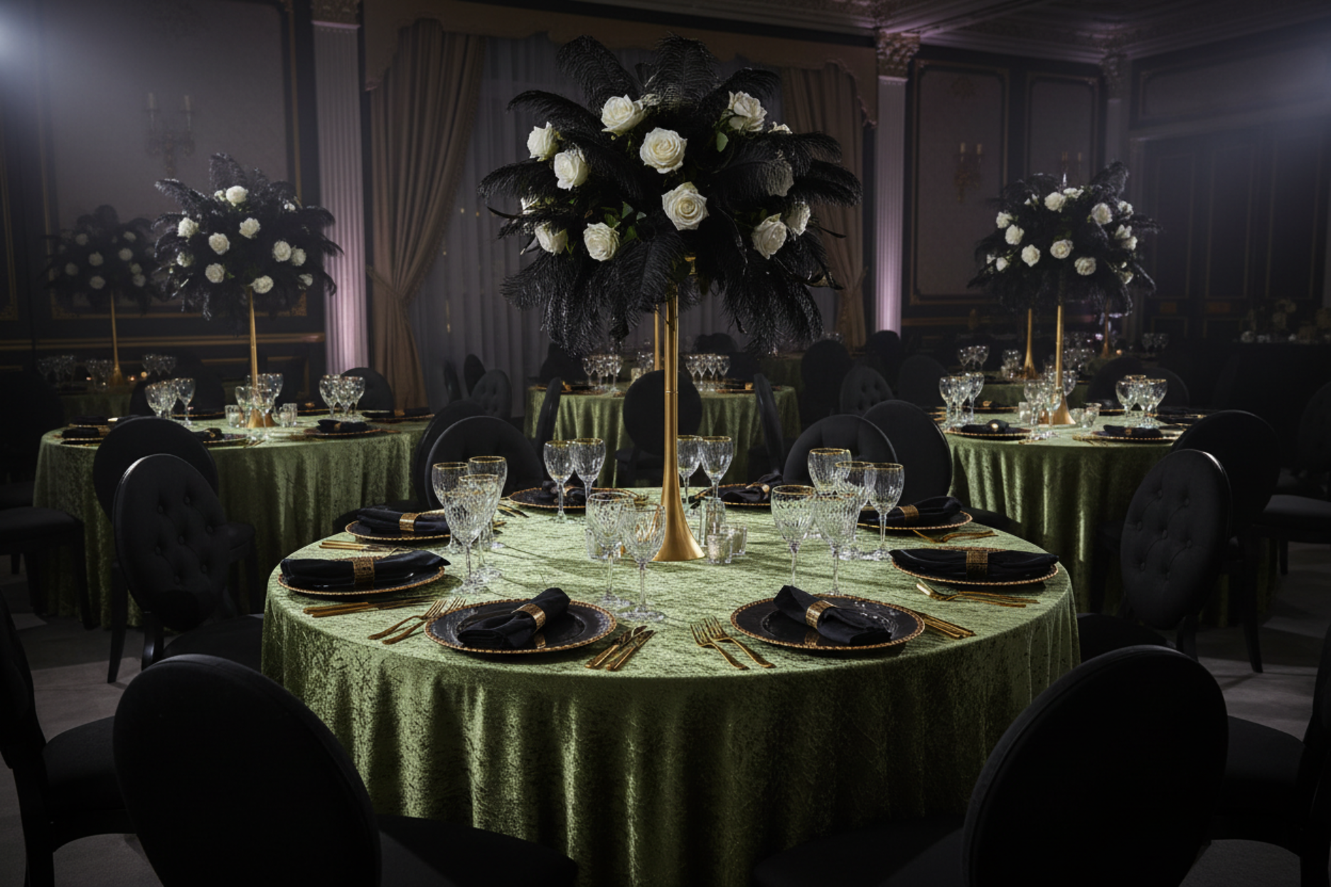 black and gold indoor dinner with Velvet 132" Round Tablecloth - Dark Sage Green