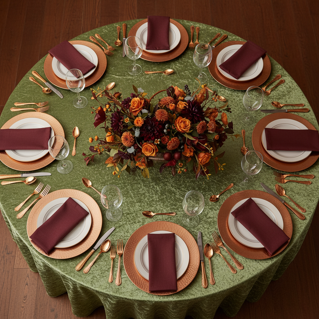 top view setup with Velvet 132" Round Tablecloth - Dark Sage Green
