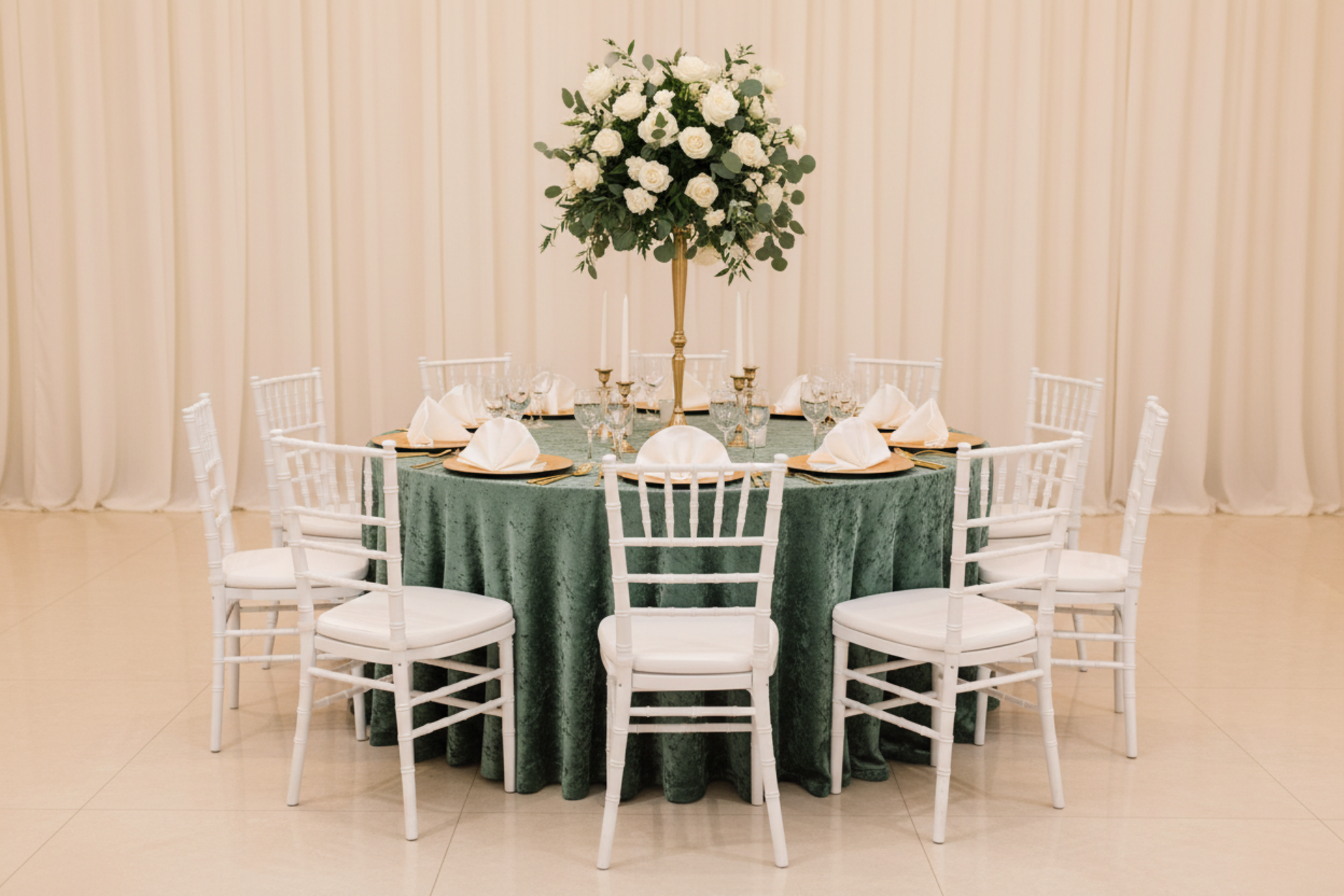 classic wedding setup with Velvet 132" Round Tablecloth - Eucalyptus