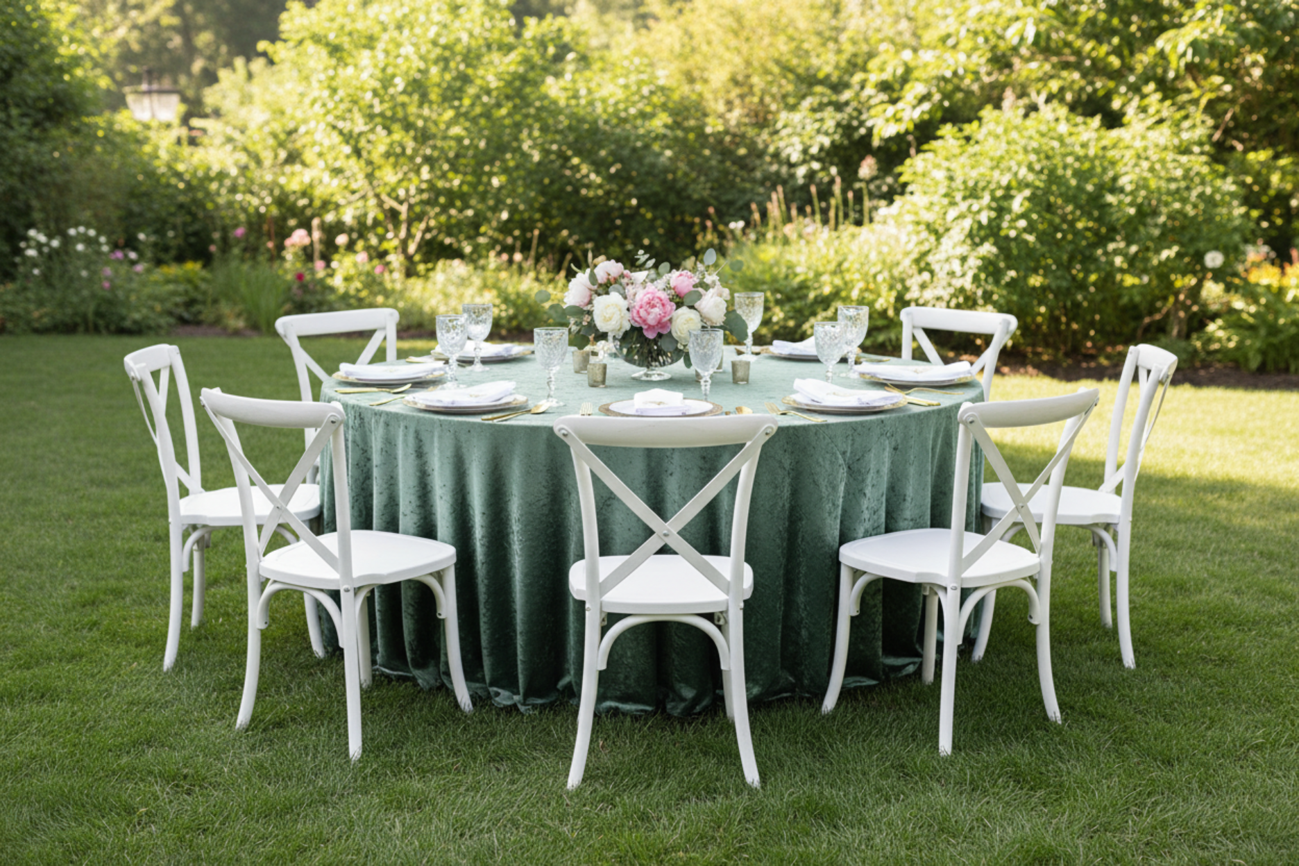 garden brunch with Velvet 132" Round Tablecloth - Eucalyptus