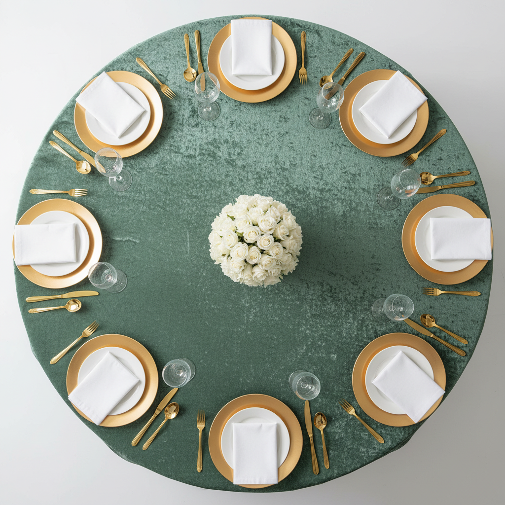 top view of Velvet 132" Round Tablecloth - Eucalyptus