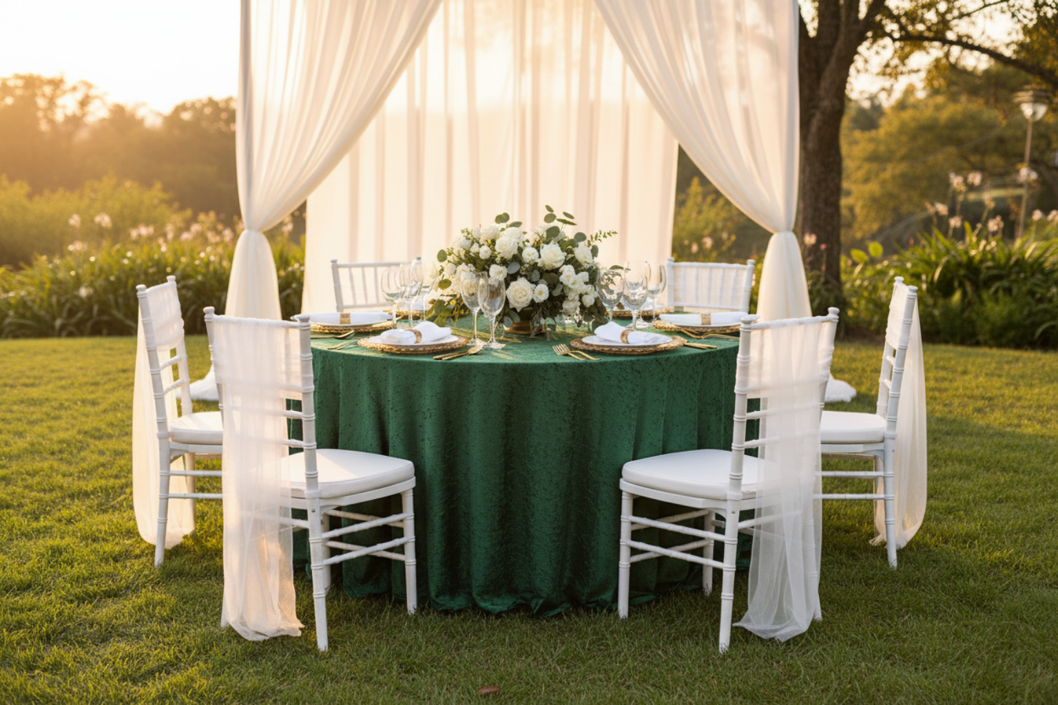 outdoor wedding setup with Velvet 132" Round Tablecloth - Forest Green