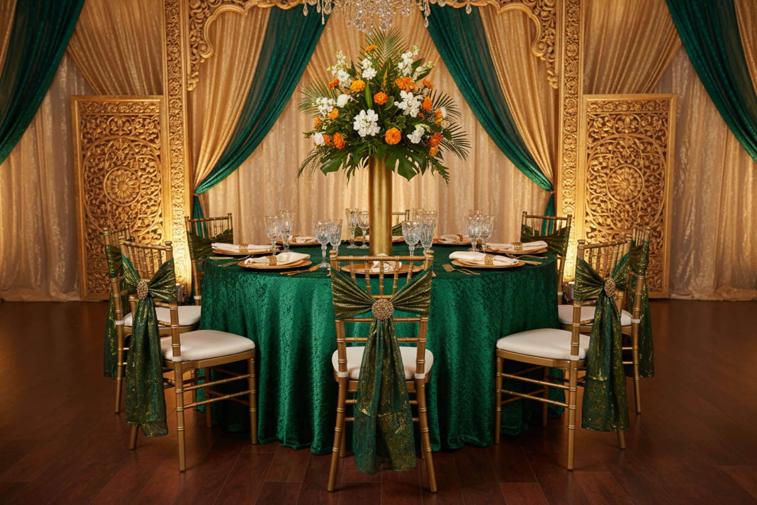 corporate anniversary setup with Velvet 132" Round Tablecloth - Forest Green