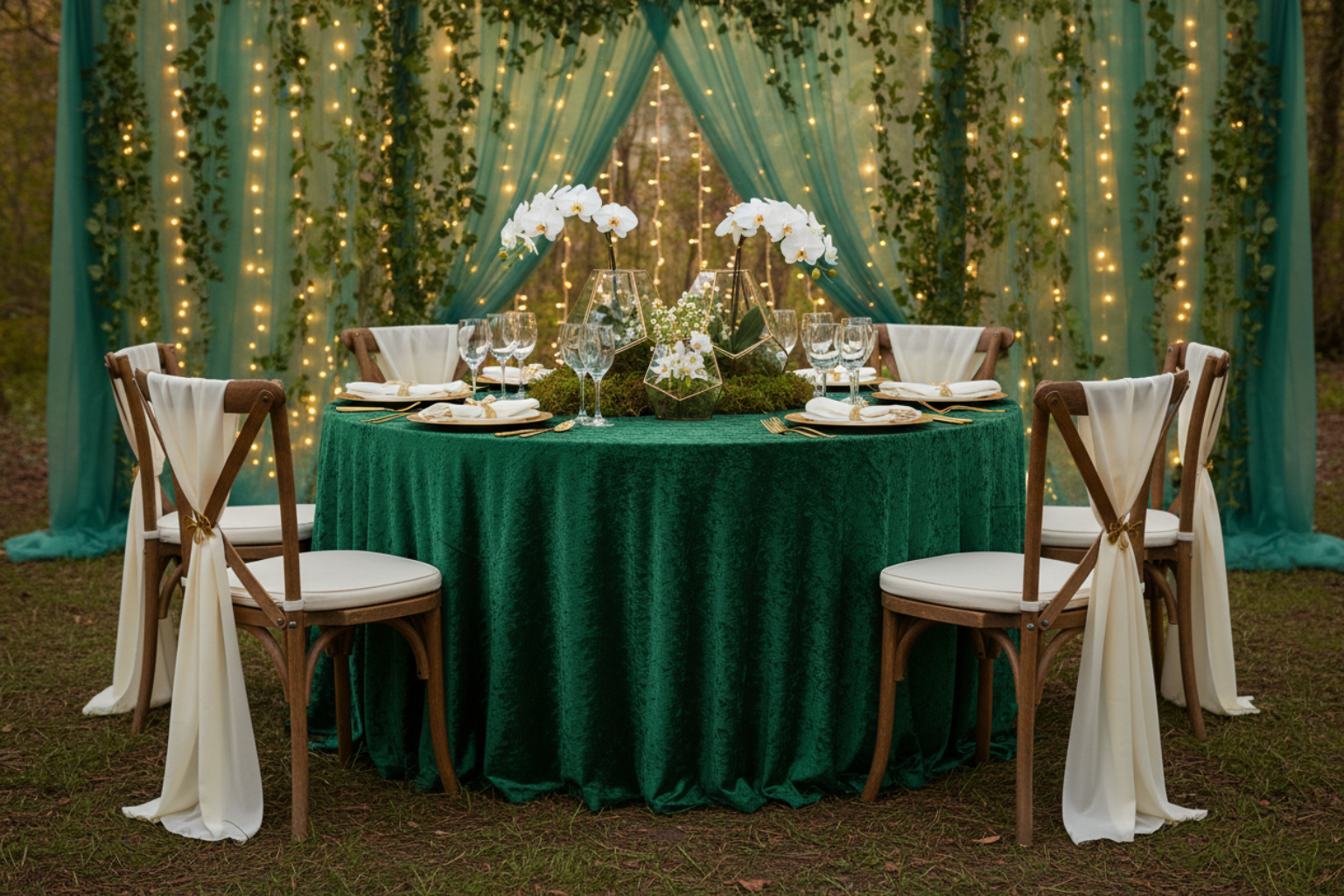 enchanted forest wedding setup with Velvet 132" Round Tablecloth - Forest Green
