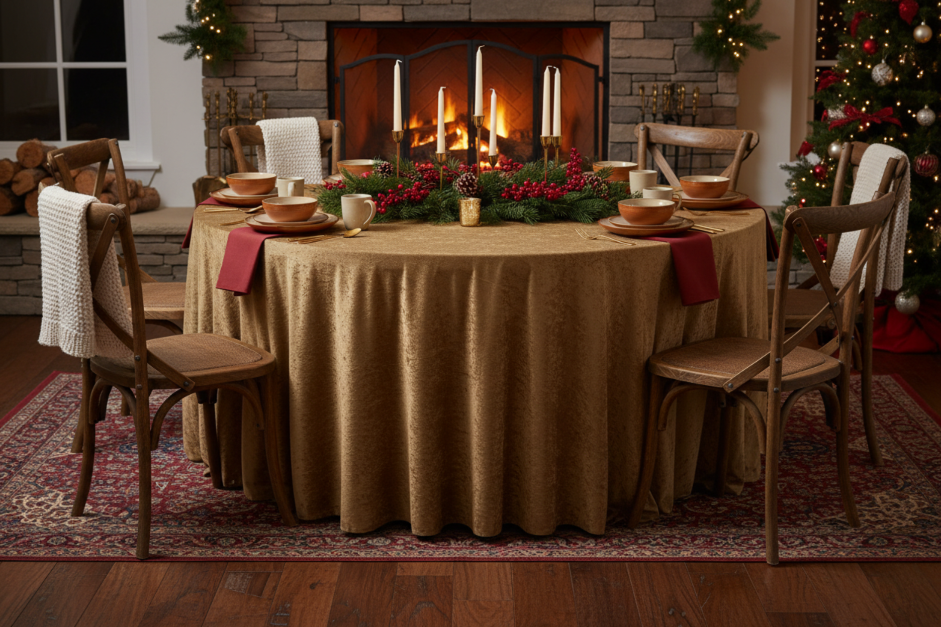 christmas dinner setup with Velvet 132" Round Tablecloth - Mocha Brown