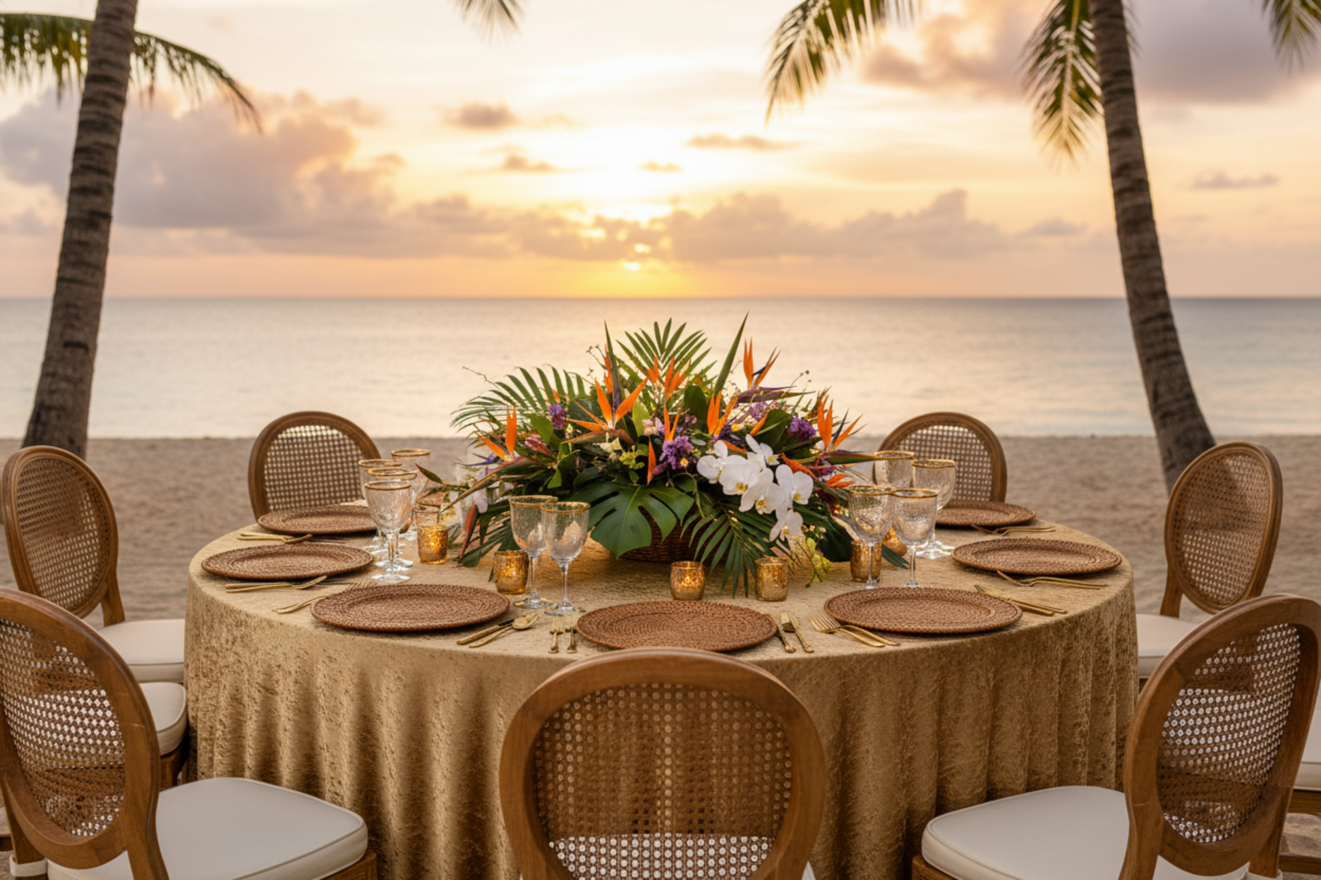 beachfront setup with Velvet 132" Round Tablecloth - Mocha Brown