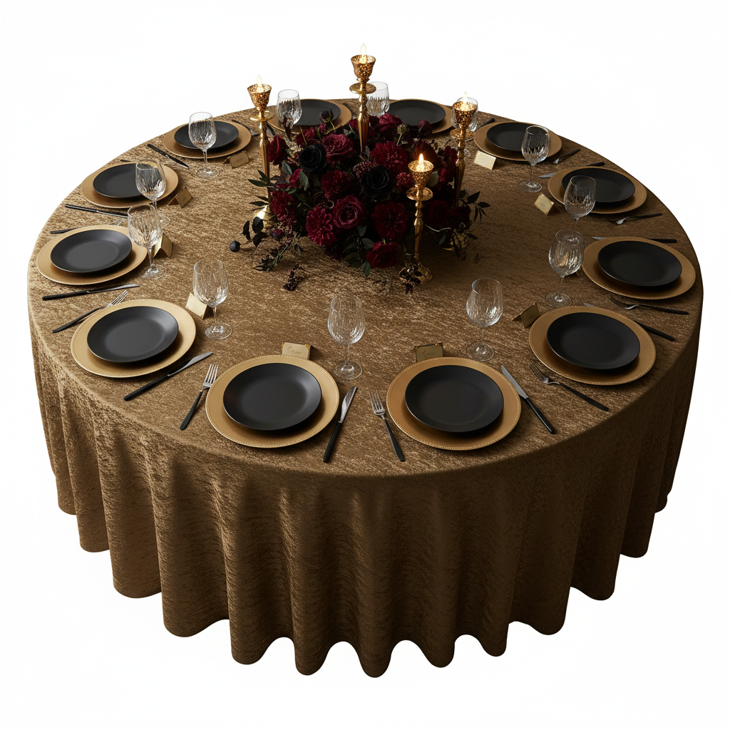 top view of black and gold setup with Velvet 132" Round Tablecloth - Mocha Brown