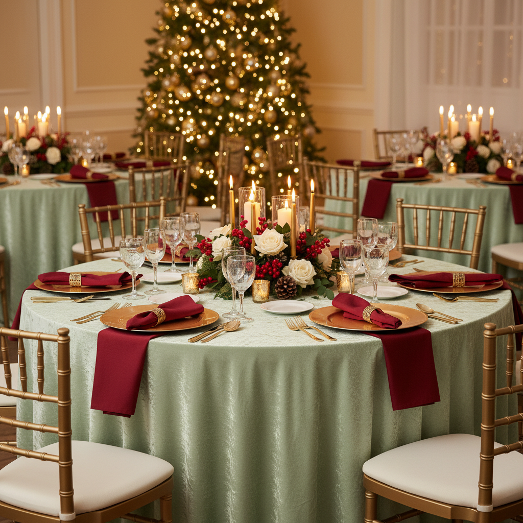 holiday table setup with Velvet 132" Round Tablecloth - Sage Green