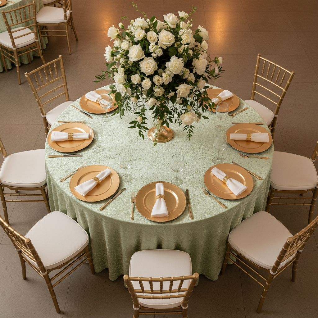 top view of Velvet 132" Round Tablecloth - Sage Green