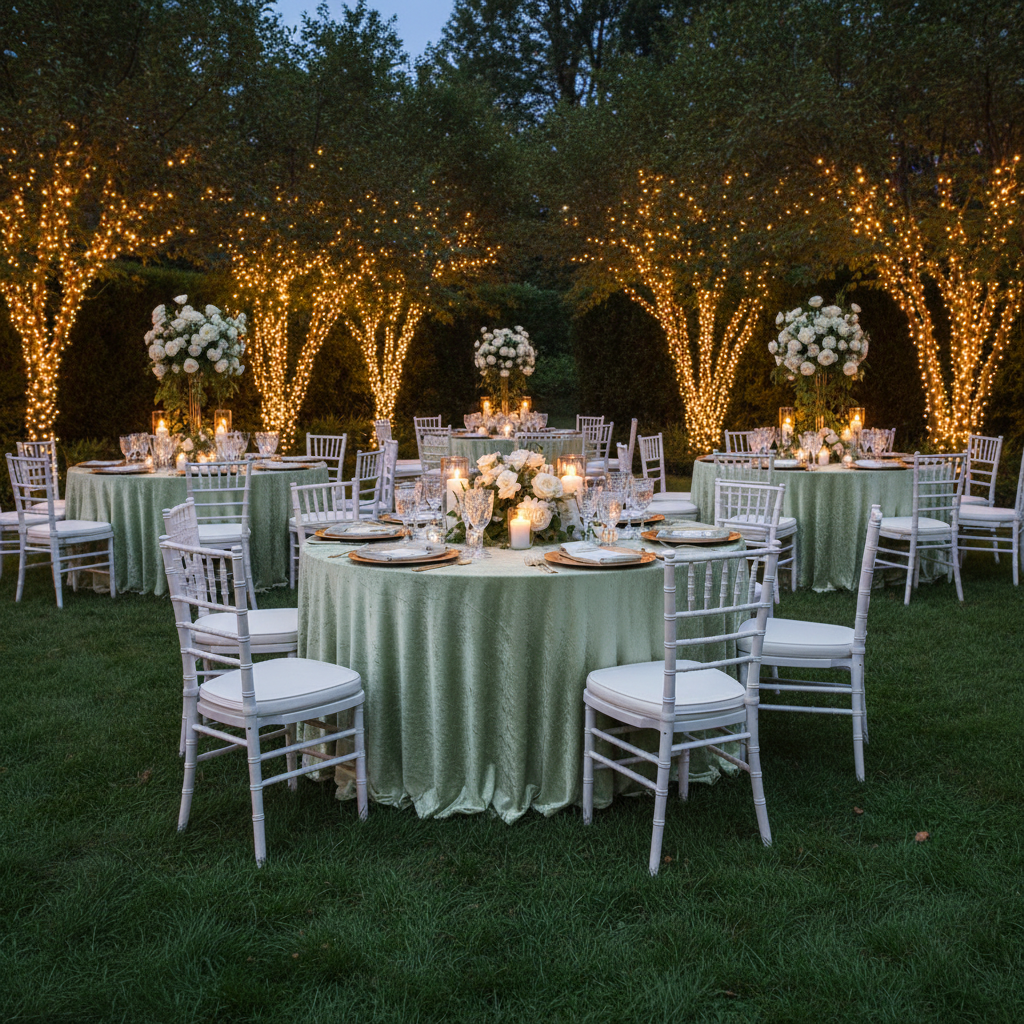 garden wedding reception with Velvet 132" Round Tablecloth - Sage Green