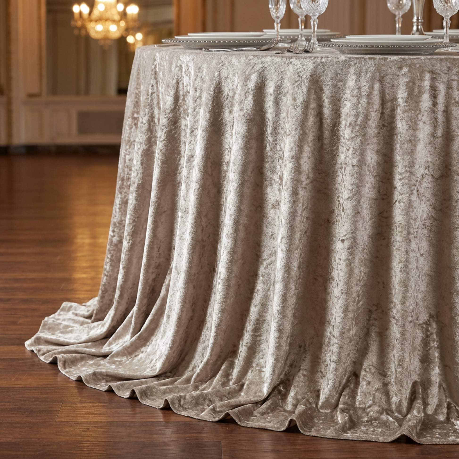 Velvet 132" Round Tablecloth Taupe on a 60 inch round table 