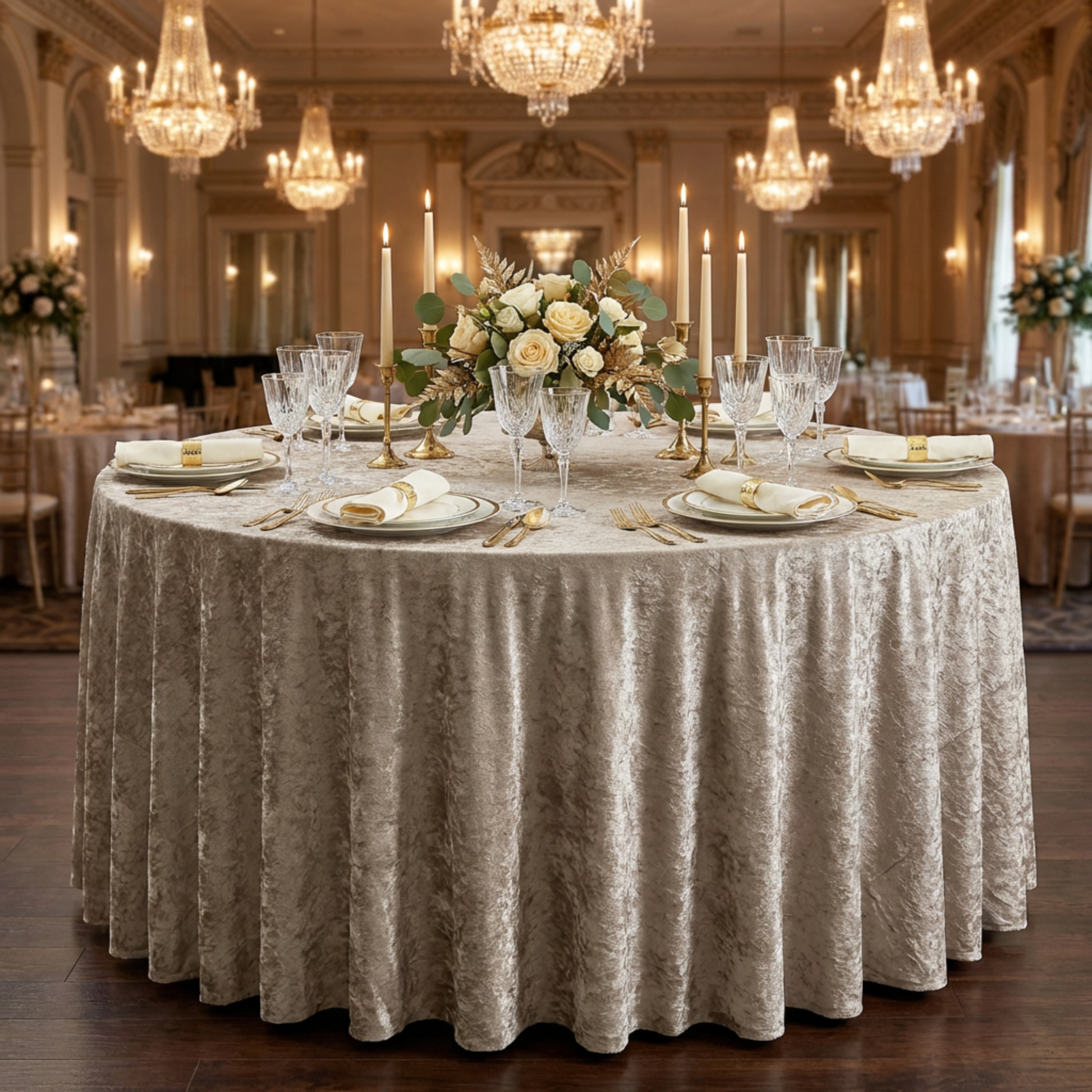 Velvet 132" Round Tablecloth Taupe on a 72 inch round table with a floral centerpiece ivory napkins, white dinner plates and tapered candles