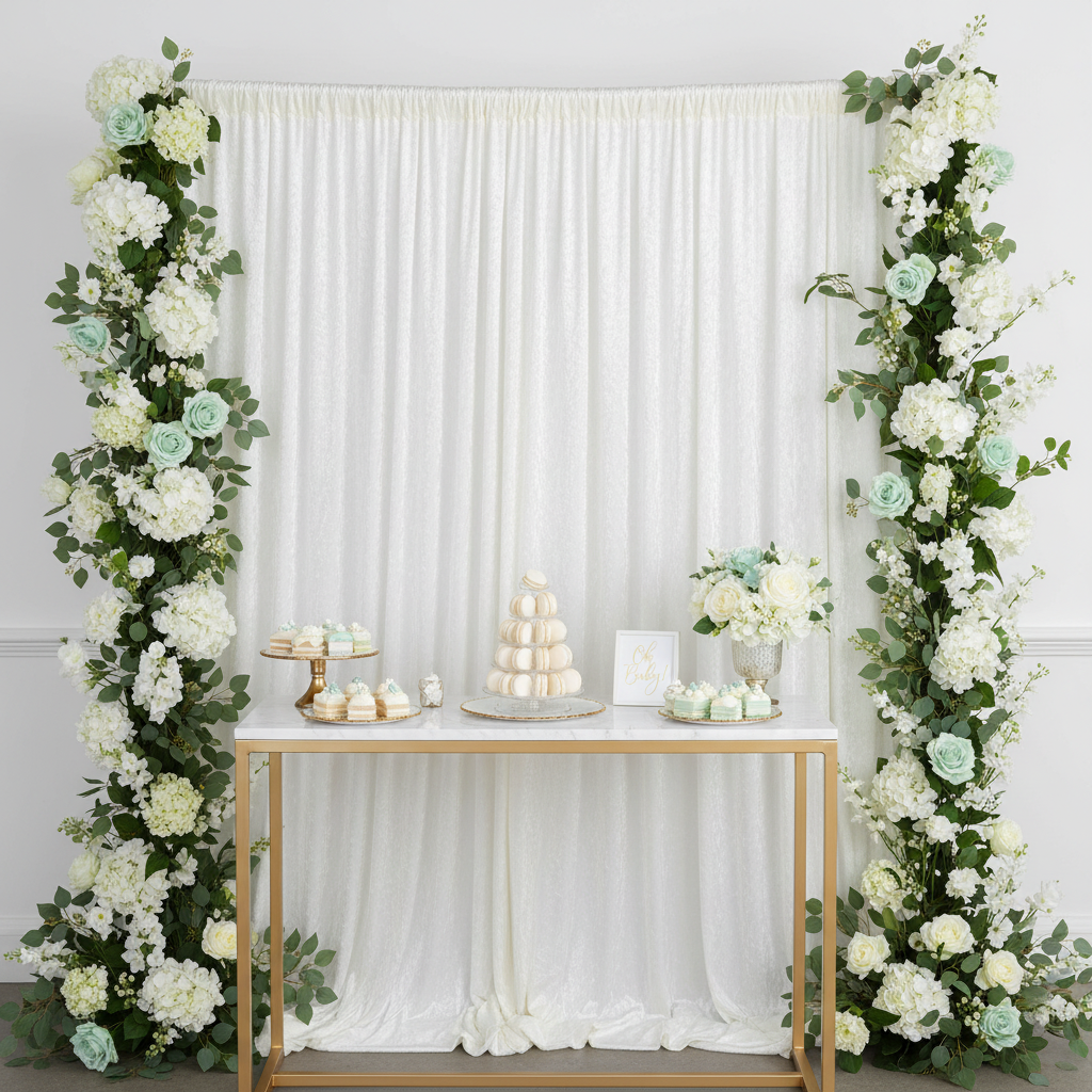 Velvet 14ft H x 118" W Drape/Backdrop Curtain Panel - Ivory for a baby shower backdrop
