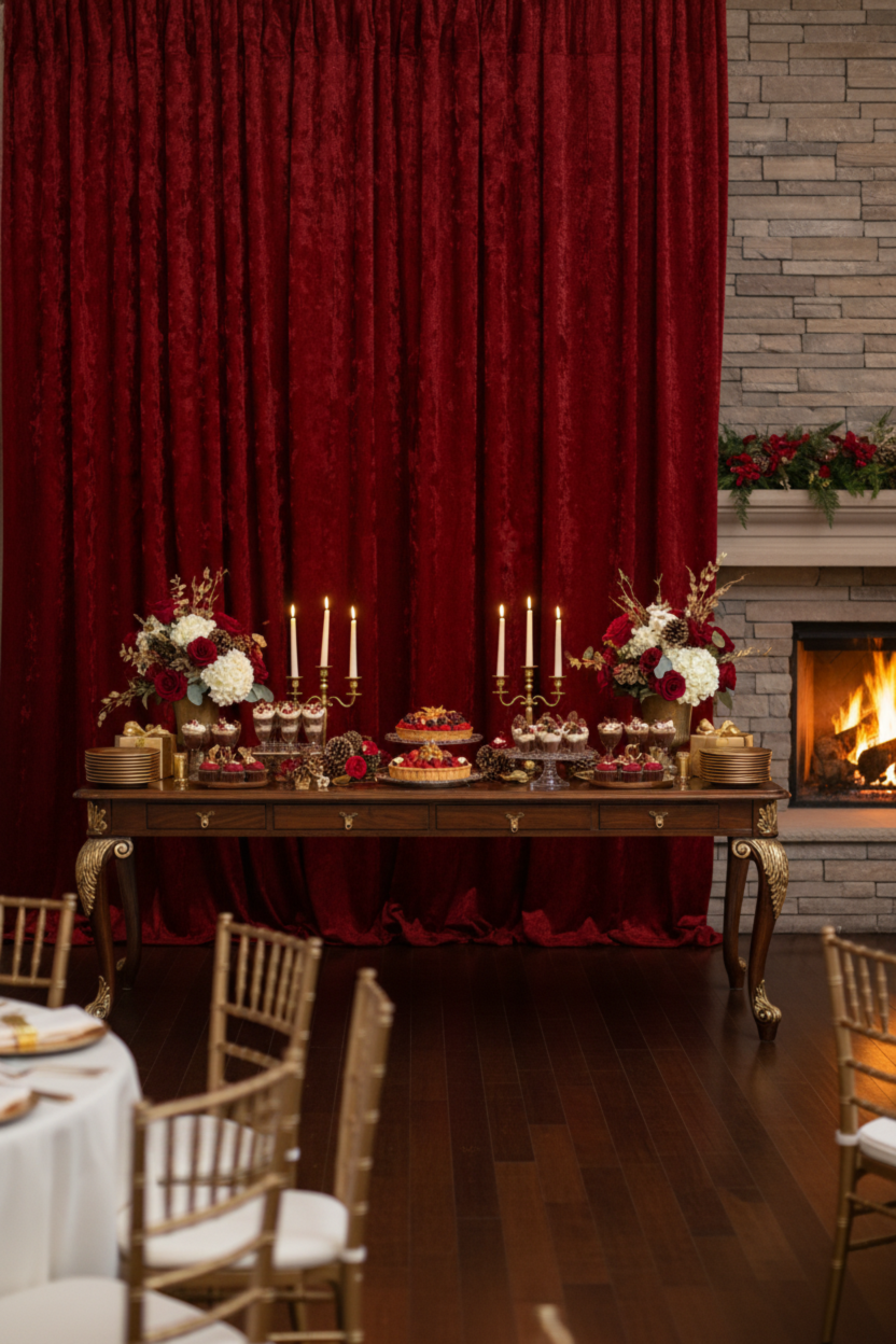 holiday dinner setup with Velvet 14ft H x 52" W Drape/Backdrop Curtain Panel - Apple Red