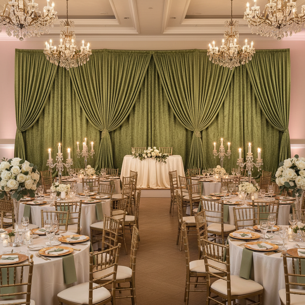 wedding reception with Velvet 14ft H x 52" W Drape/Backdrop Curtain Panel - Dark Sage Green