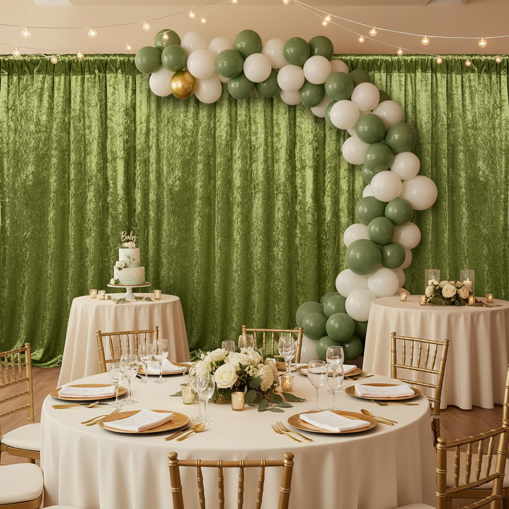 indoor baby shower with Velvet 14ft H x 52" W Drape/Backdrop Curtain Panel - Dark Sage Green