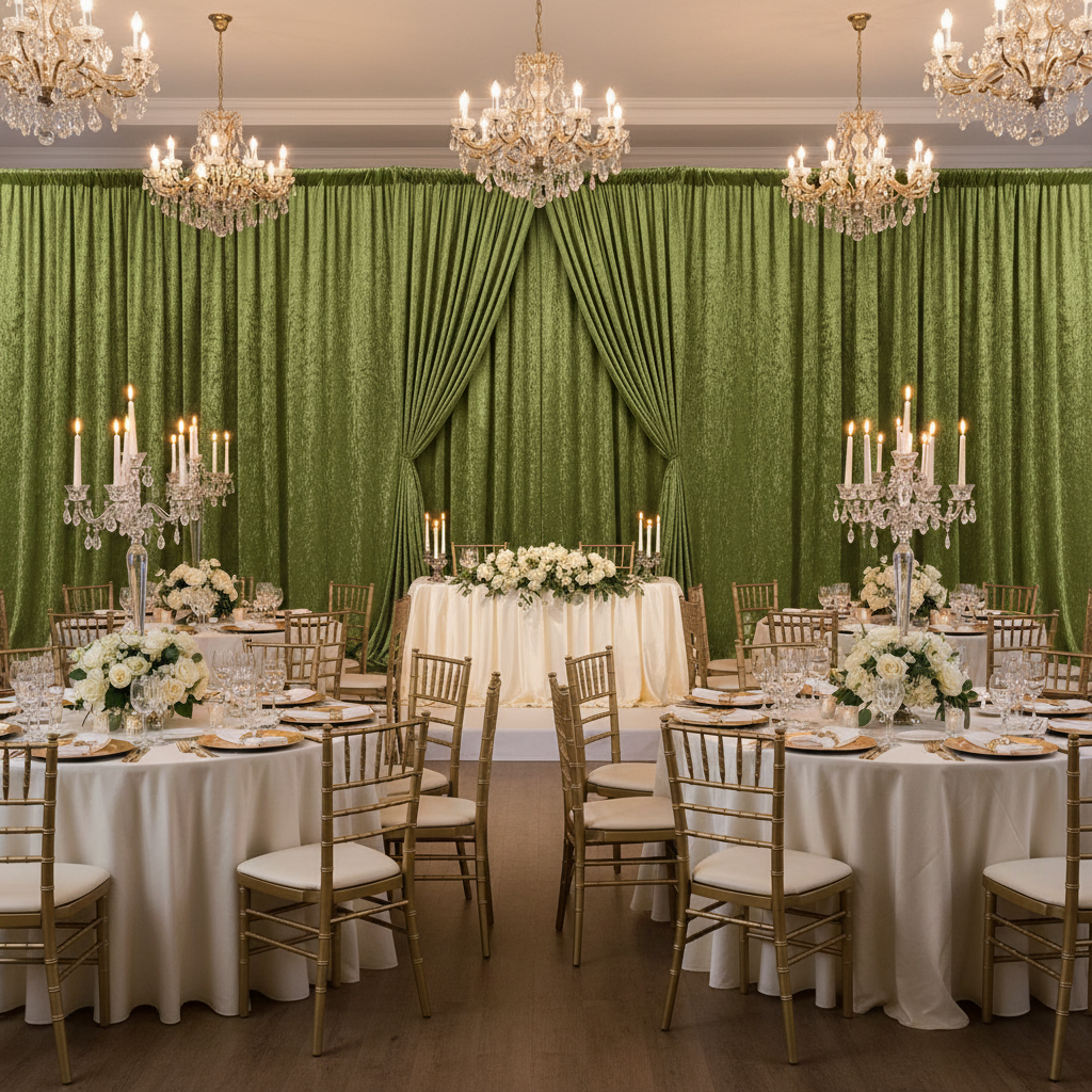 wedding reception with Velvet 14ft H x 52" W Drape/Backdrop Curtain Panel - Dark Sage Green