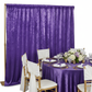 Velvet 14ft H x 52" W Drape/Backdrop Curtain Panel - Purple side detail on a quinceneara reception with purple tablecloth, white napkin, dinner plate and white chiavari chairs