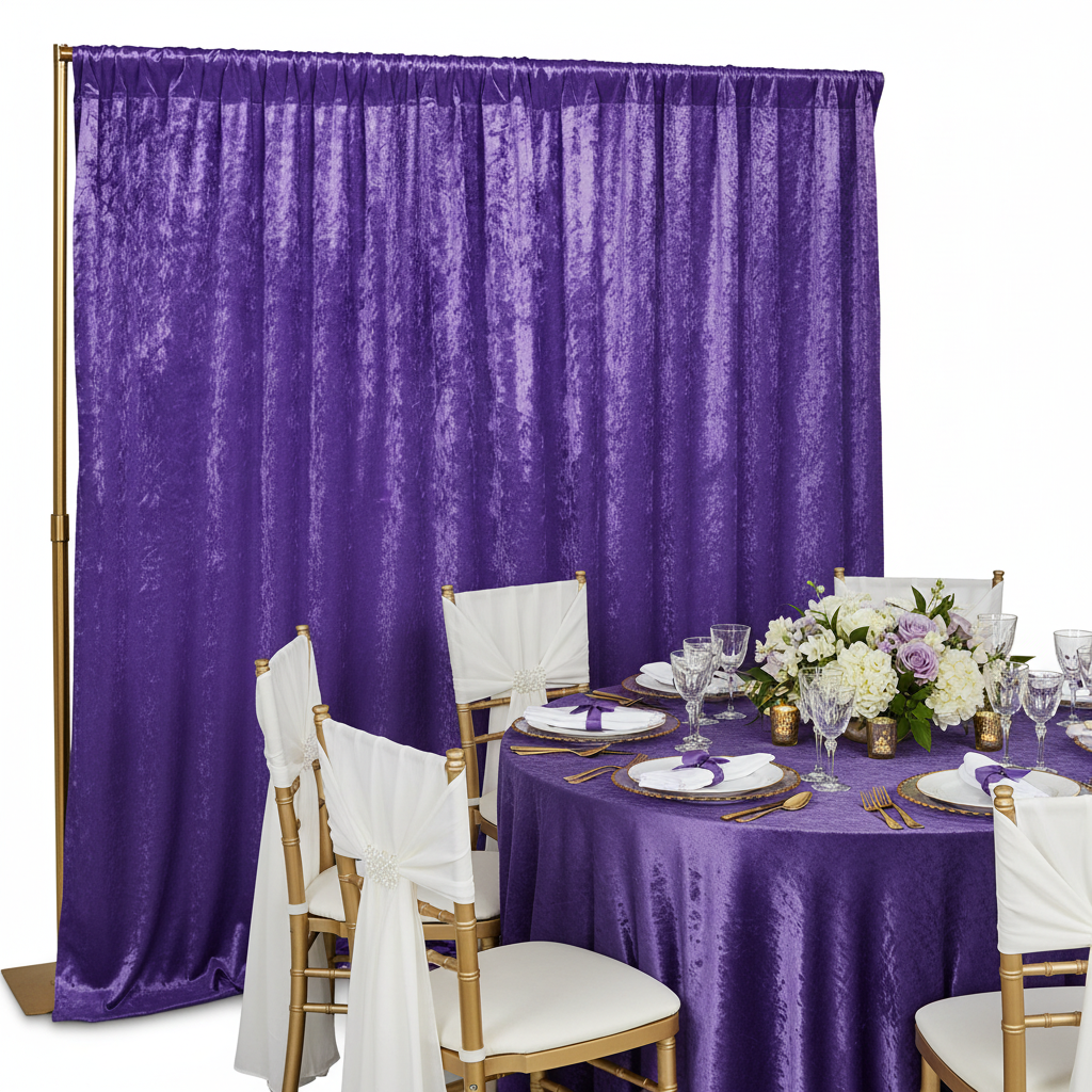 Velvet 14ft H x 52" W Drape/Backdrop Curtain Panel - Purple side detail on a quinceneara reception with purple tablecloth, white napkin, dinner plate and white chiavari chairs