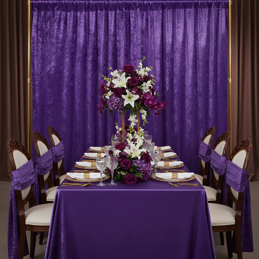 Velvet 14ft H x 52" W Drape/Backdrop Curtain Panel - Purple for cultural banquet hall