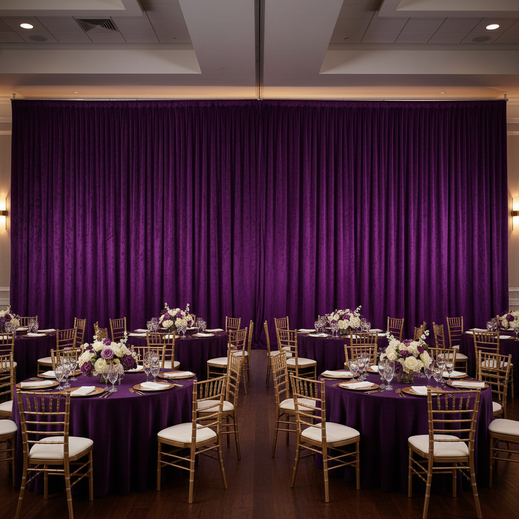 Velvet 14ft H x 52" W Drape/Backdrop Curtain Panel - Purple for elegant quenceanera indoor reception