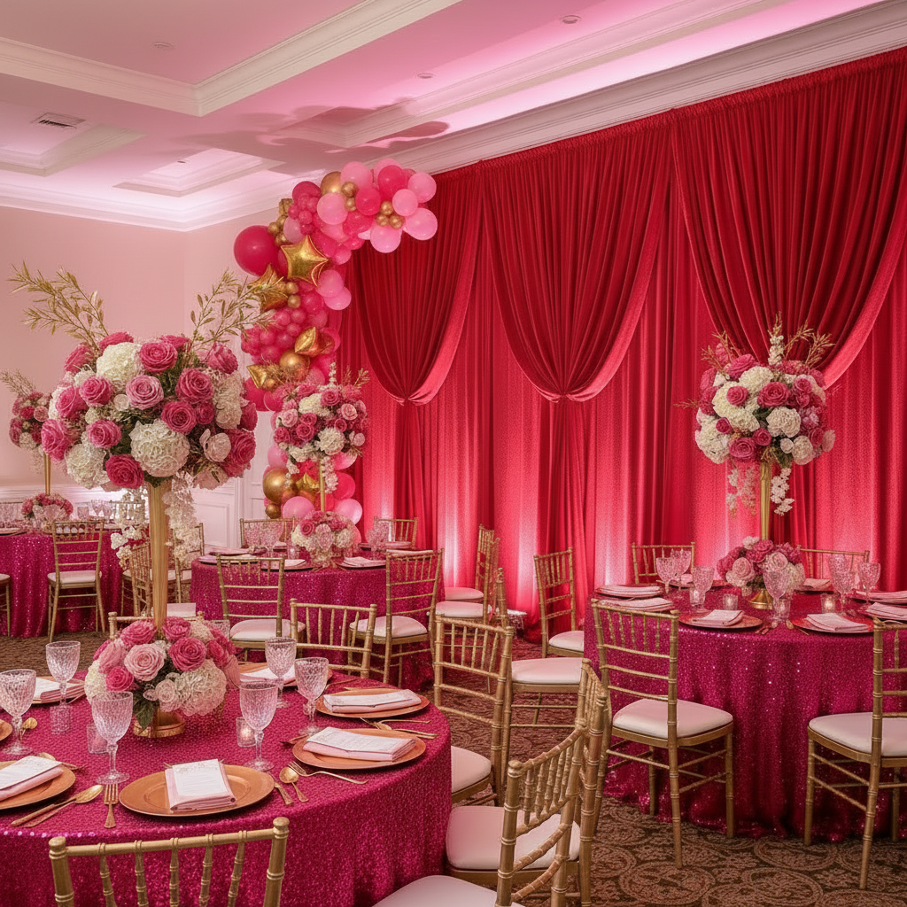 Velvet 14ft H x 52" W Drape/Backdrop Curtain Panel - Red in 45 degree angle for quinceanera reception