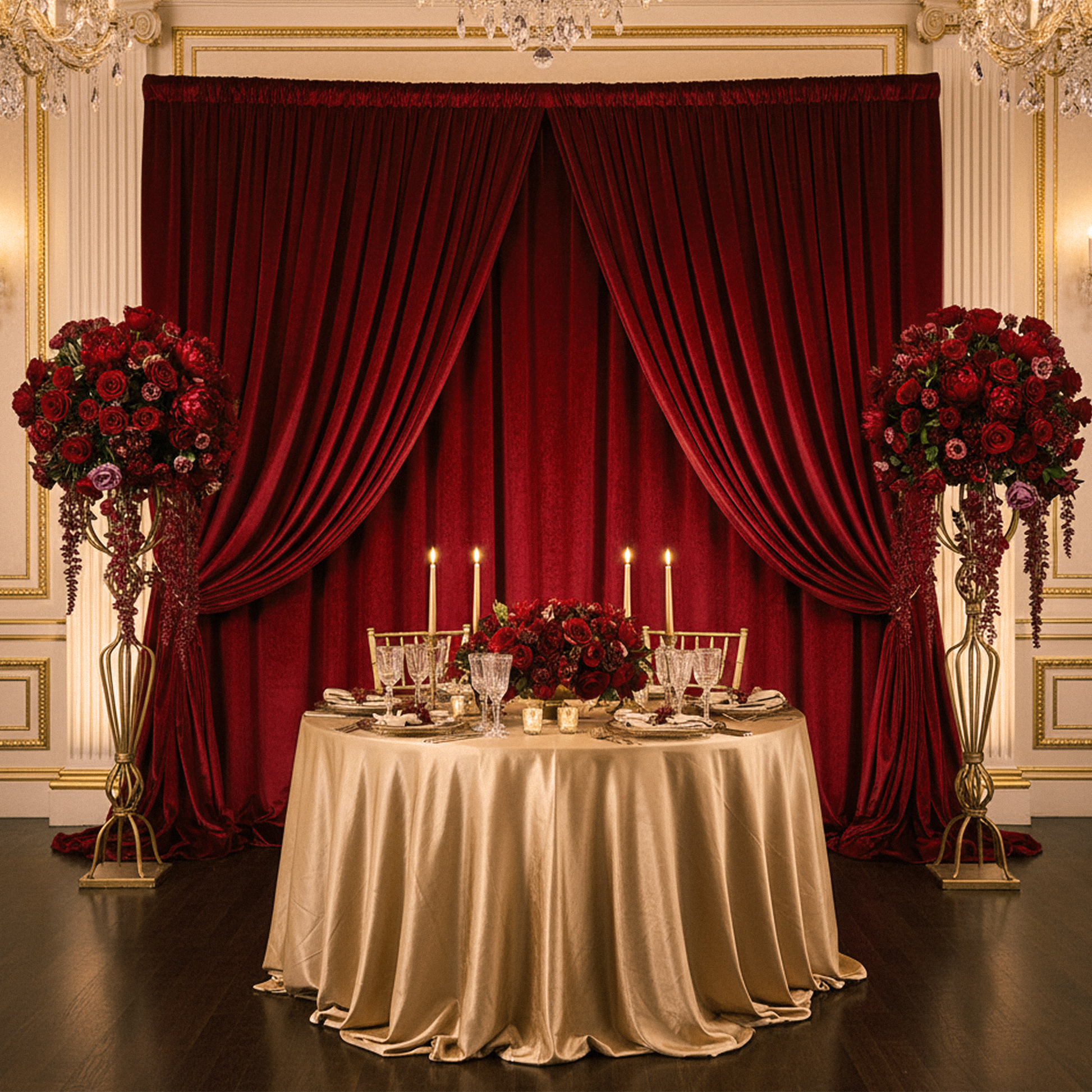 Velvet 14ft H x 52" W Drape/Backdrop Curtain Panel Apple Red with gold tablecloth, gold charger plates and glass goblets