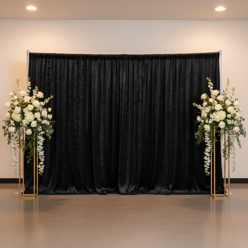 Velvet 16ft H x 52" W Drape/Backdrop Curtain Panel - Black wide angle front view with 2 centerpiece with flowers and orchids on top