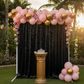 Velvet 16ft H x 52" W Drape/Backdrop Curtain Panel - Black with gold and pink balloons on top for quinceañera garden reception