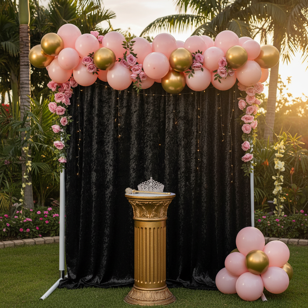 Velvet 16ft H x 52" W Drape/Backdrop Curtain Panel - Black with gold and pink balloons on top for quinceañera garden reception