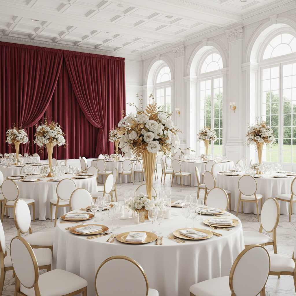 Velvet 16ft H x 52" W Drape/Backdrop Curtain Panel - Burgundy for white and gold wedding reception