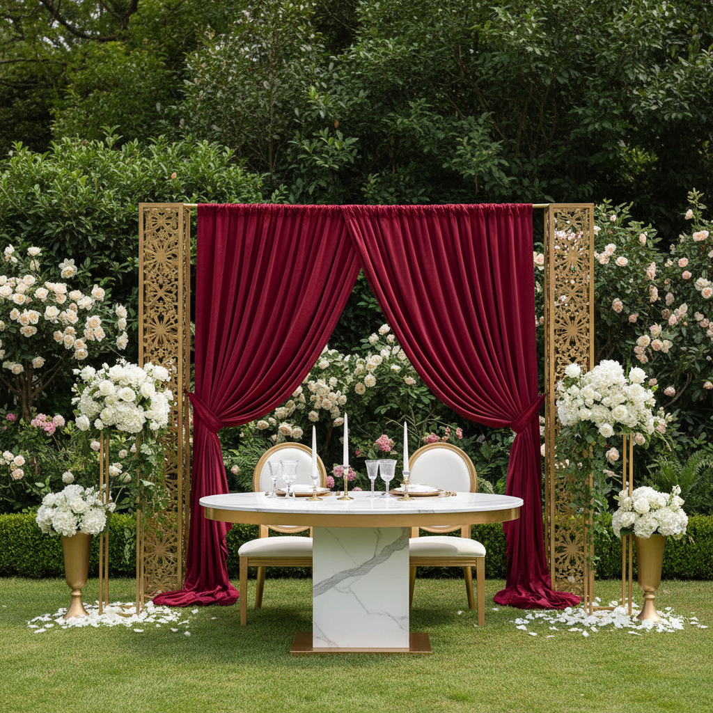 Velvet 16ft H x 52" W Drape/Backdrop Curtain Panel - Burgundy on gold backdrop set for garden wedding reception