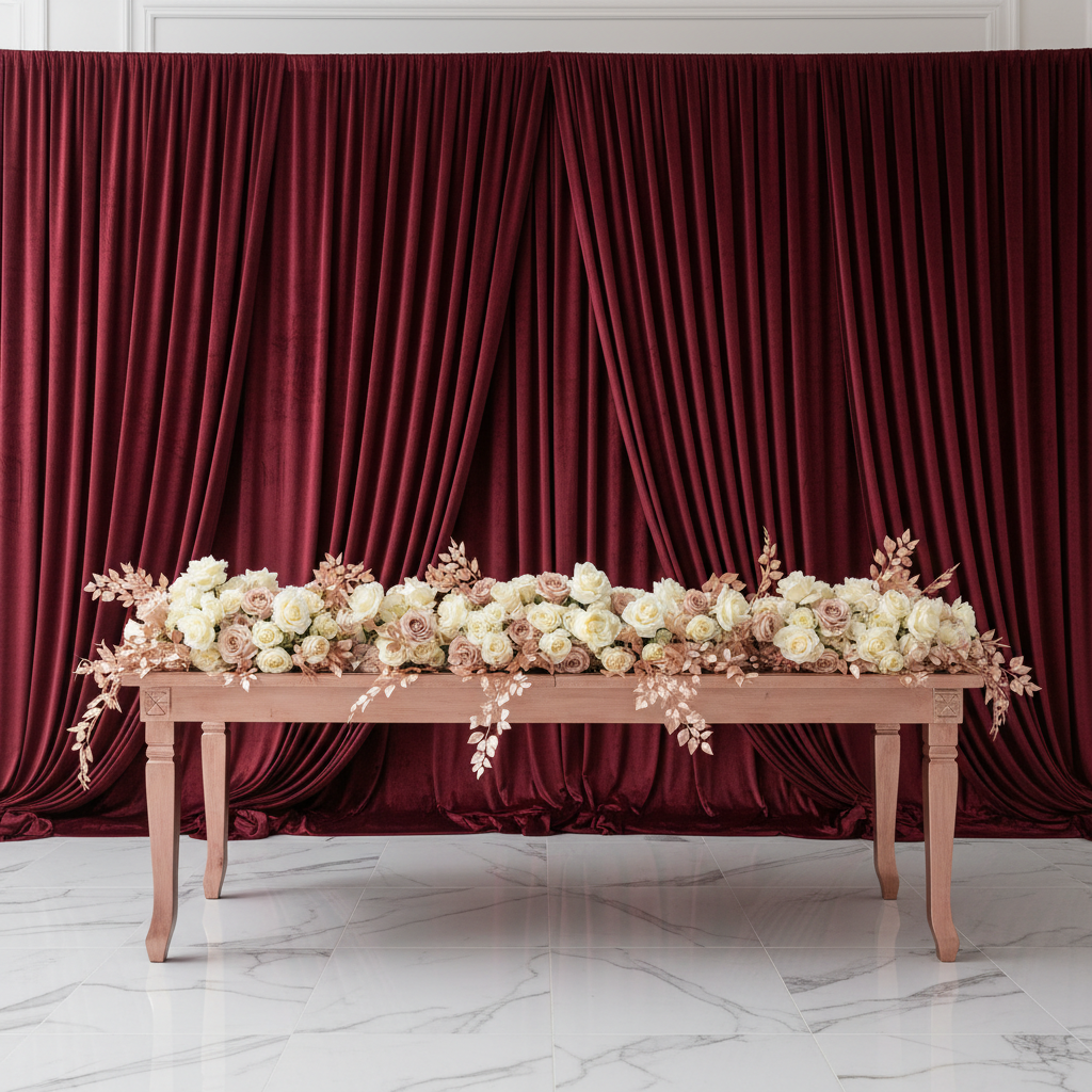 Velvet 16ft H x 52" W Drape/Backdrop Curtain Panel - Burgundy for side table wedding reception