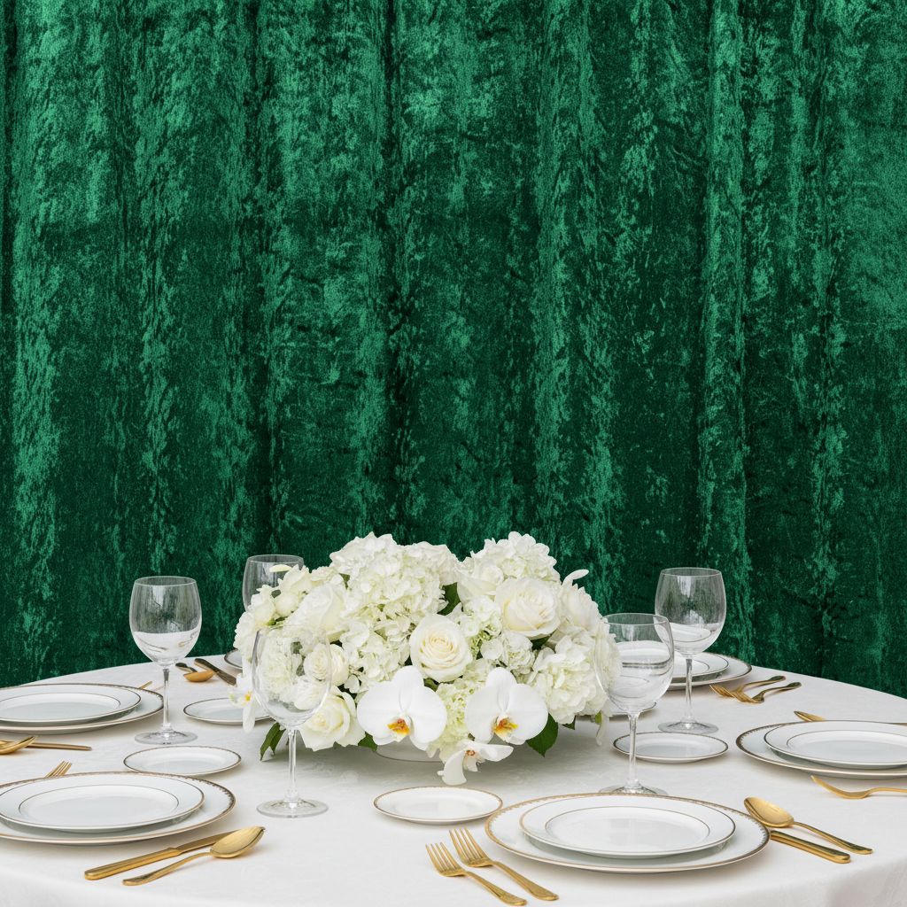 Velvet 16ft H x 52" W Drape/Backdrop Curtain Panel - Emerald Green detail close up for wedding reception