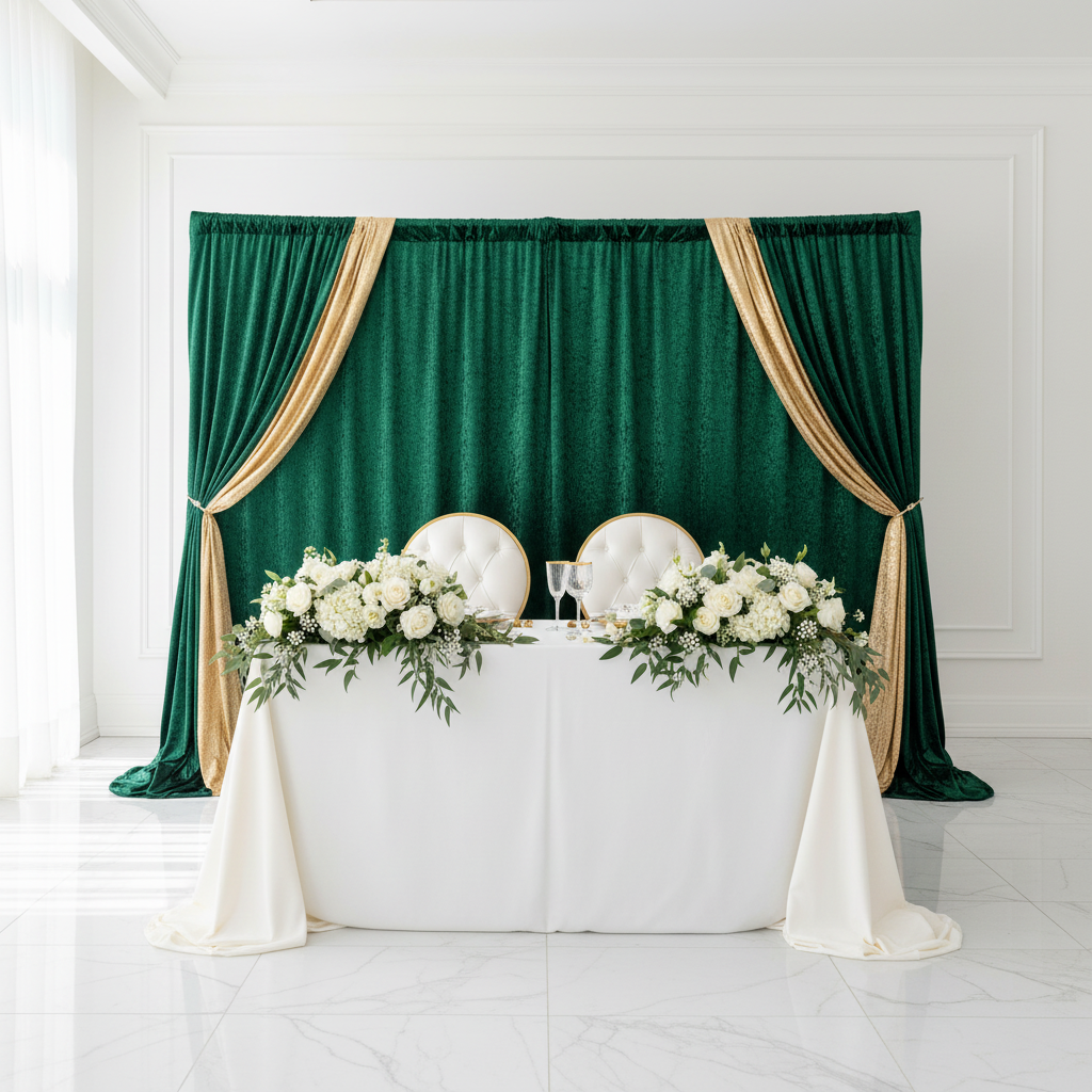 Velvet 16ft H x 52" W Drape/Backdrop Curtain Panel - Emerald Green with glitz sequin champagne backdrop for sweetheart table 
