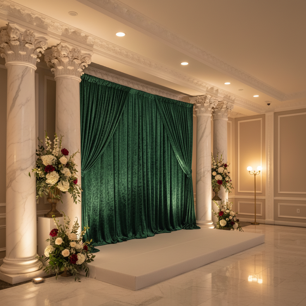 Velvet 16ft H x 52" W Drape/Backdrop Curtain Panel - Emerald Green with white and red flower arrangement for wedding reception hall