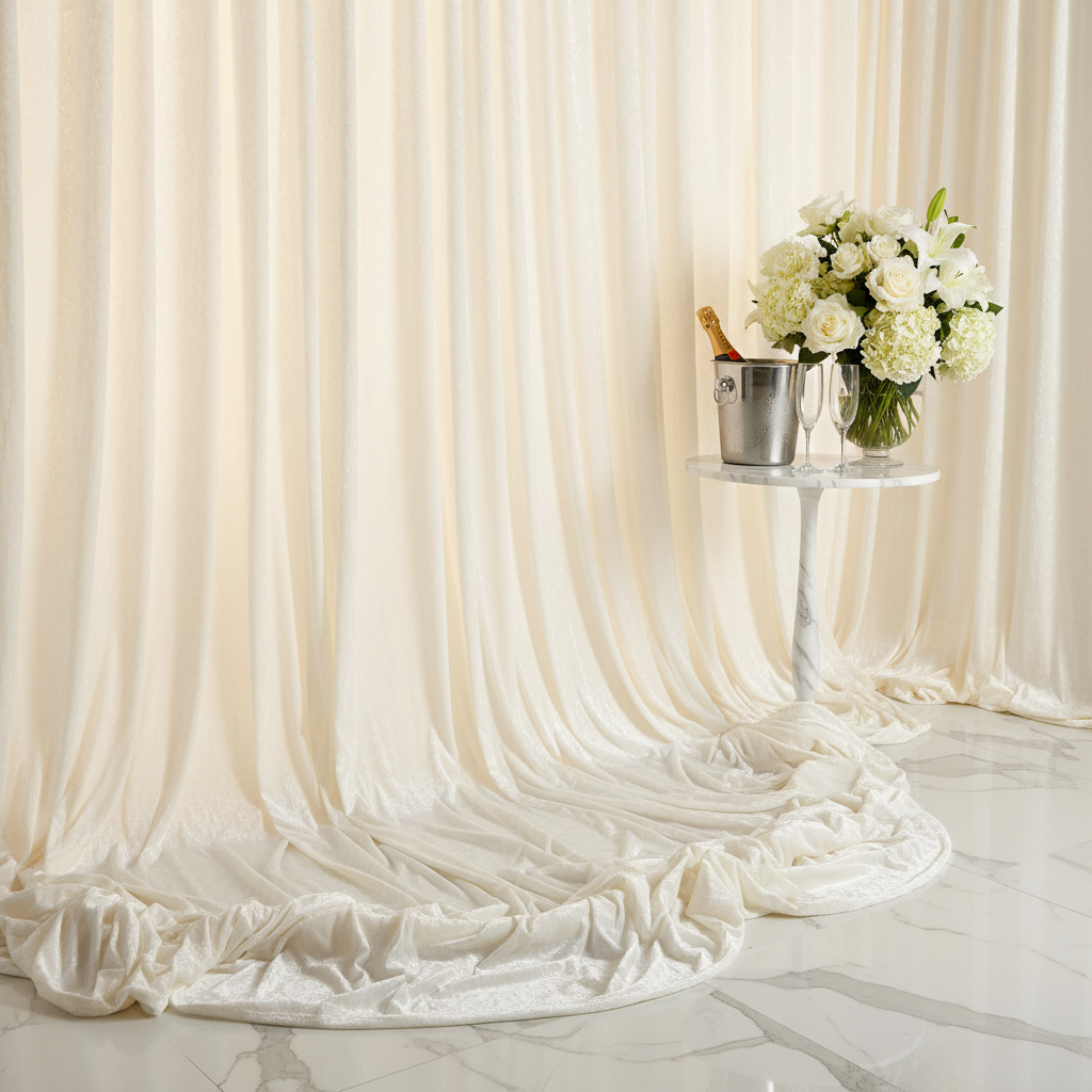 Velvet 16ft H x 52" W Drape/Backdrop Curtain Panel - Ivory detail used on bridal suite 