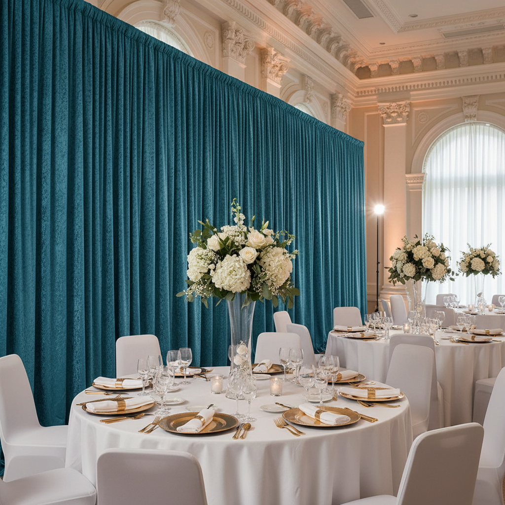 Velvet 16ft H x 52" W Drape/Backdrop Curtain Panel - Peacock Teal for indoor wedding reception for white and gold style