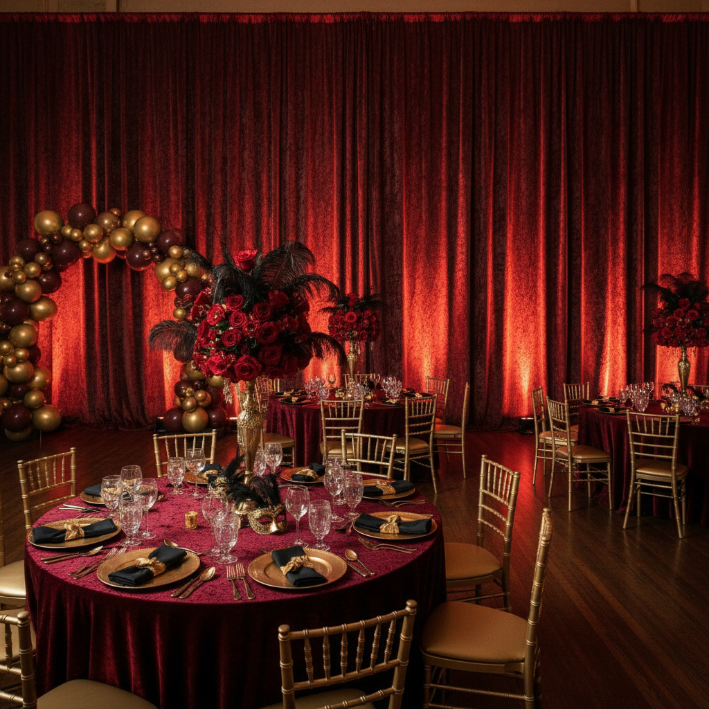 Velvet 16ft H x 52" W Drape/Backdrop Curtain Panel - Red for masquerade ball