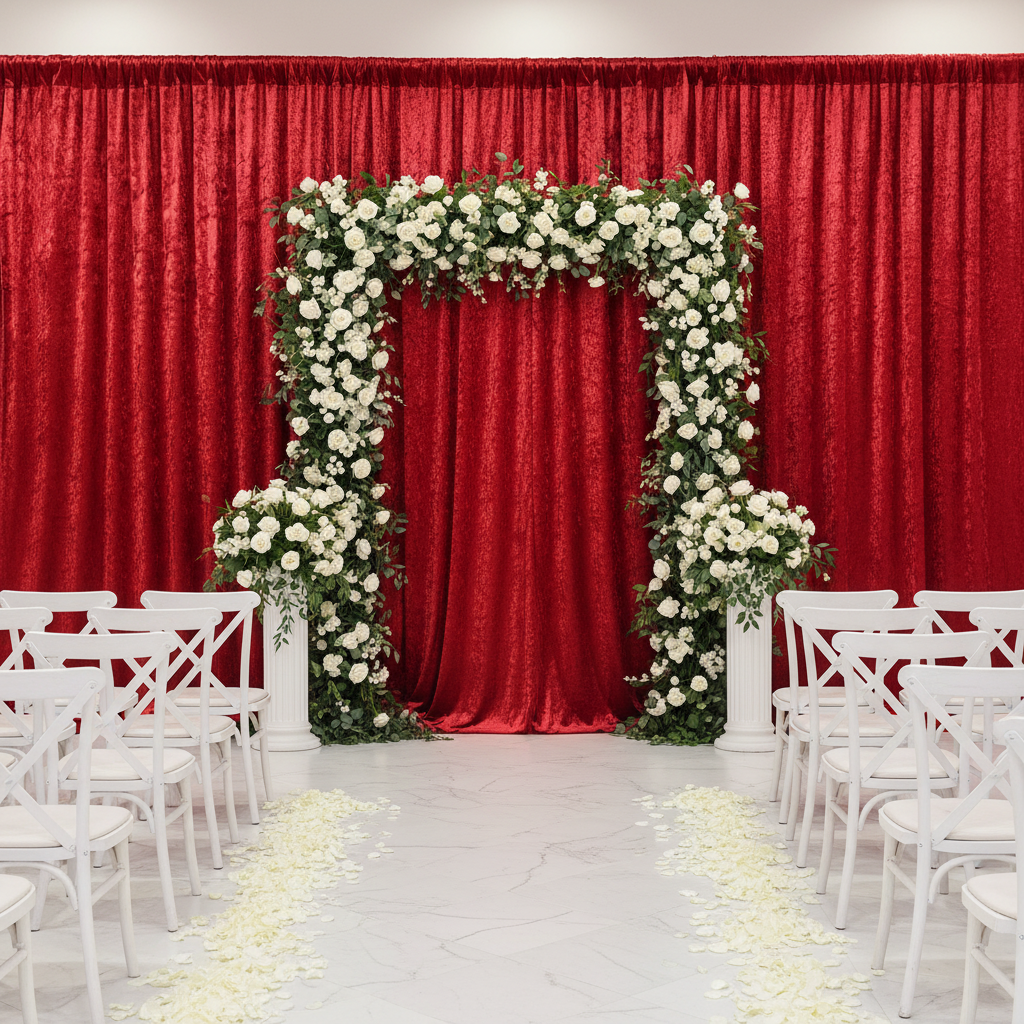 Velvet 16ft H x 52" W Drape/Backdrop Curtain Panel - Red for indoor chapel wedding ceremony