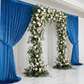 Velvet 16ft H x 52" W Drape/Backdrop Curtain Panel - Royal Blue with white chiffon drapes and premade floral runner on entrance door setup