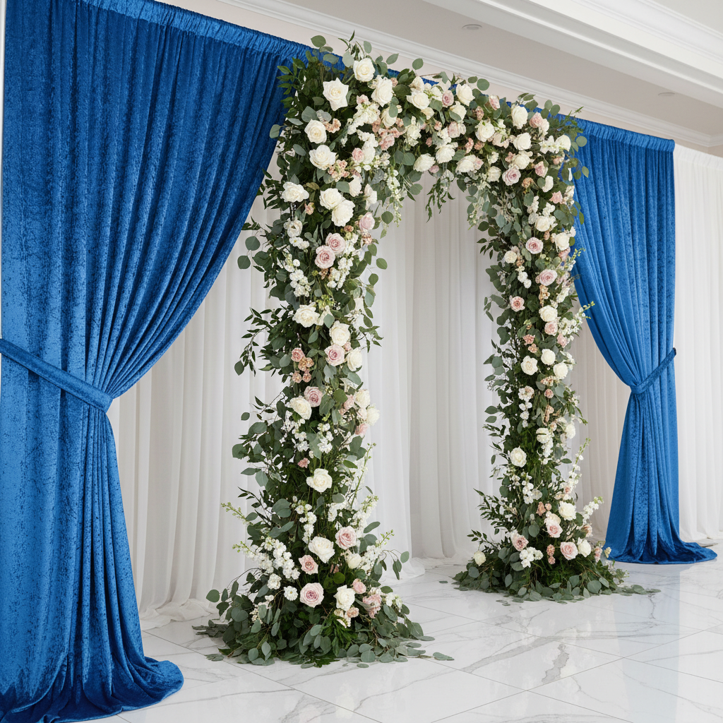 Velvet 16ft H x 52" W Drape/Backdrop Curtain Panel - Royal Blue with white chiffon drapes and premade floral runner on entrance door setup
