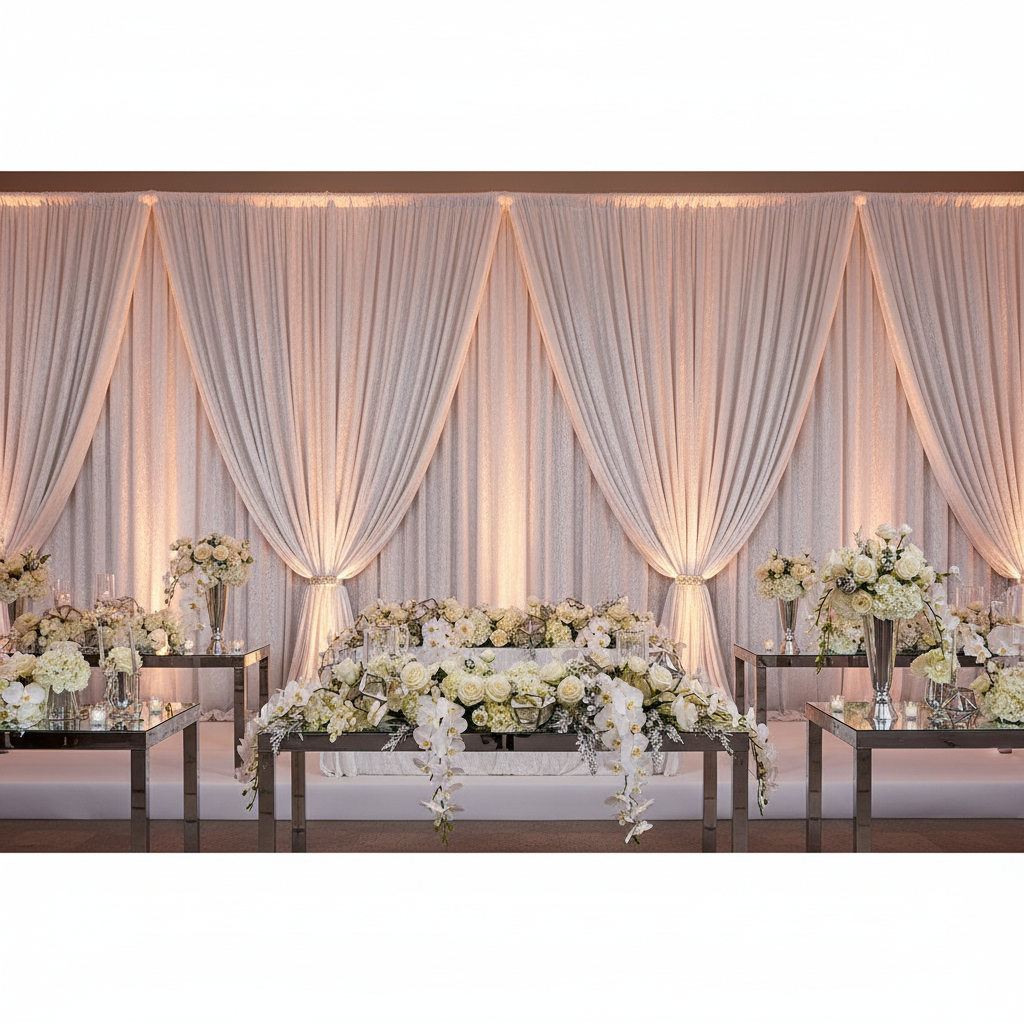 Velvet 16ft H x 52" W Drape/Backdrop Curtain Panel - White with double crossbar setup with floral center tables