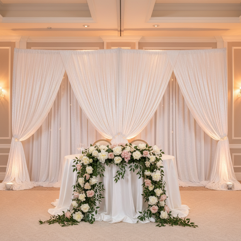 Velvet 16ft H x 52" W Drape/Backdrop Curtain Panel - White with a double crossbar setup at the back of white wedding sweetheart table