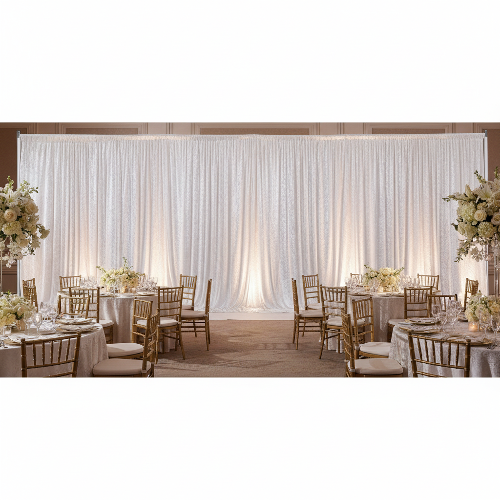 Velvet 16ft H x 52" W Drape/Backdrop Curtain Panel - White wide angle view for white wedding reception